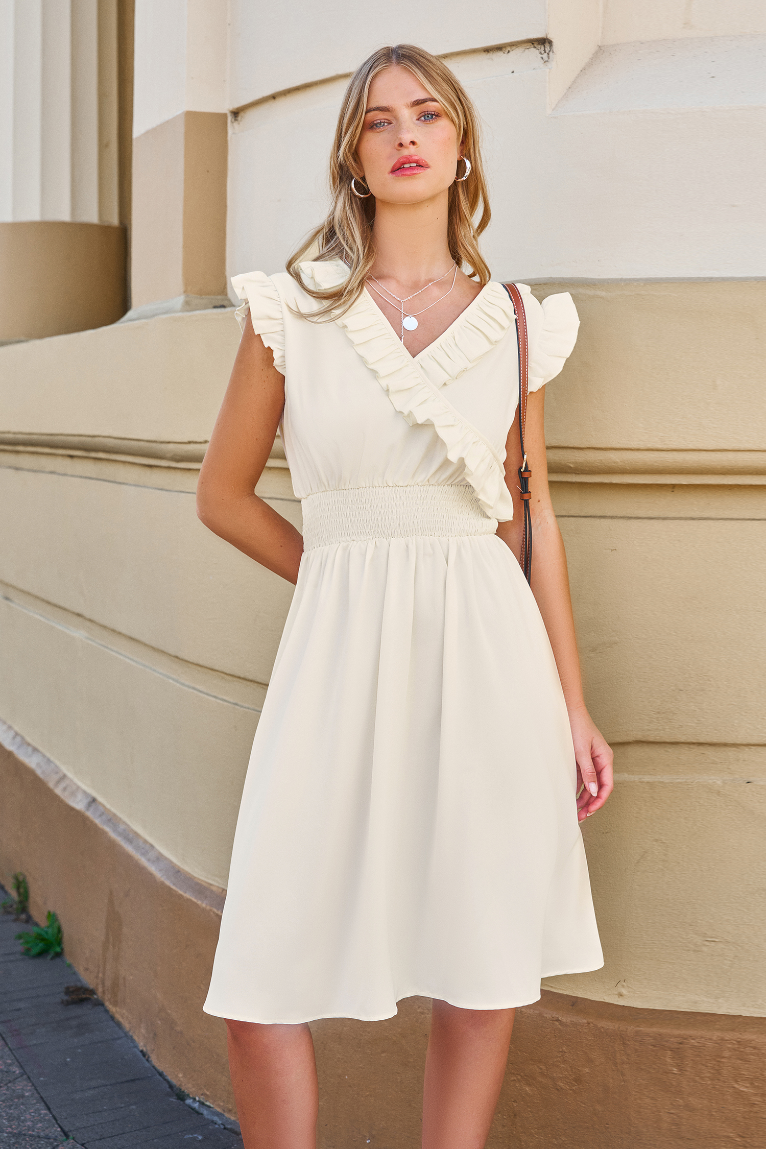 Smocked Waist Surplice Midi Dress